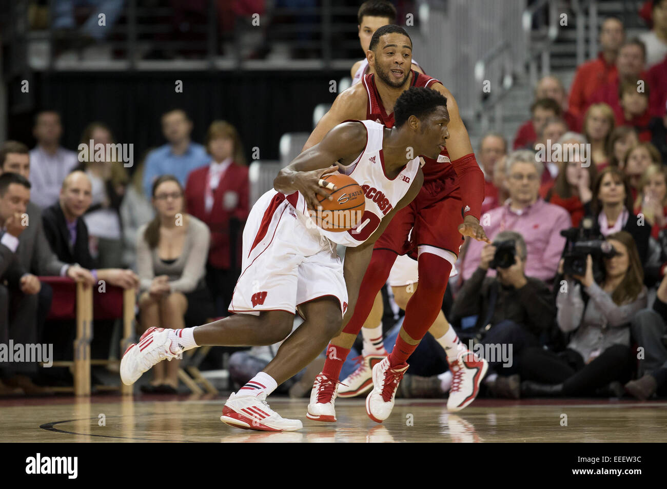 January 15, 2015: Wisconsin Badgers forward Nigel Hayes #10 drives toward the basket on Nebraska Cornhuskers forward Walter Pitchford #35 during the NCAA Basketball game between the Wisconsin Badgers and Nebraska Cornhuskers at the Kohl Center in Madison, WI. Wisconsin defeated Nebraska 70-55. John Fisher/CSM Stock Photo