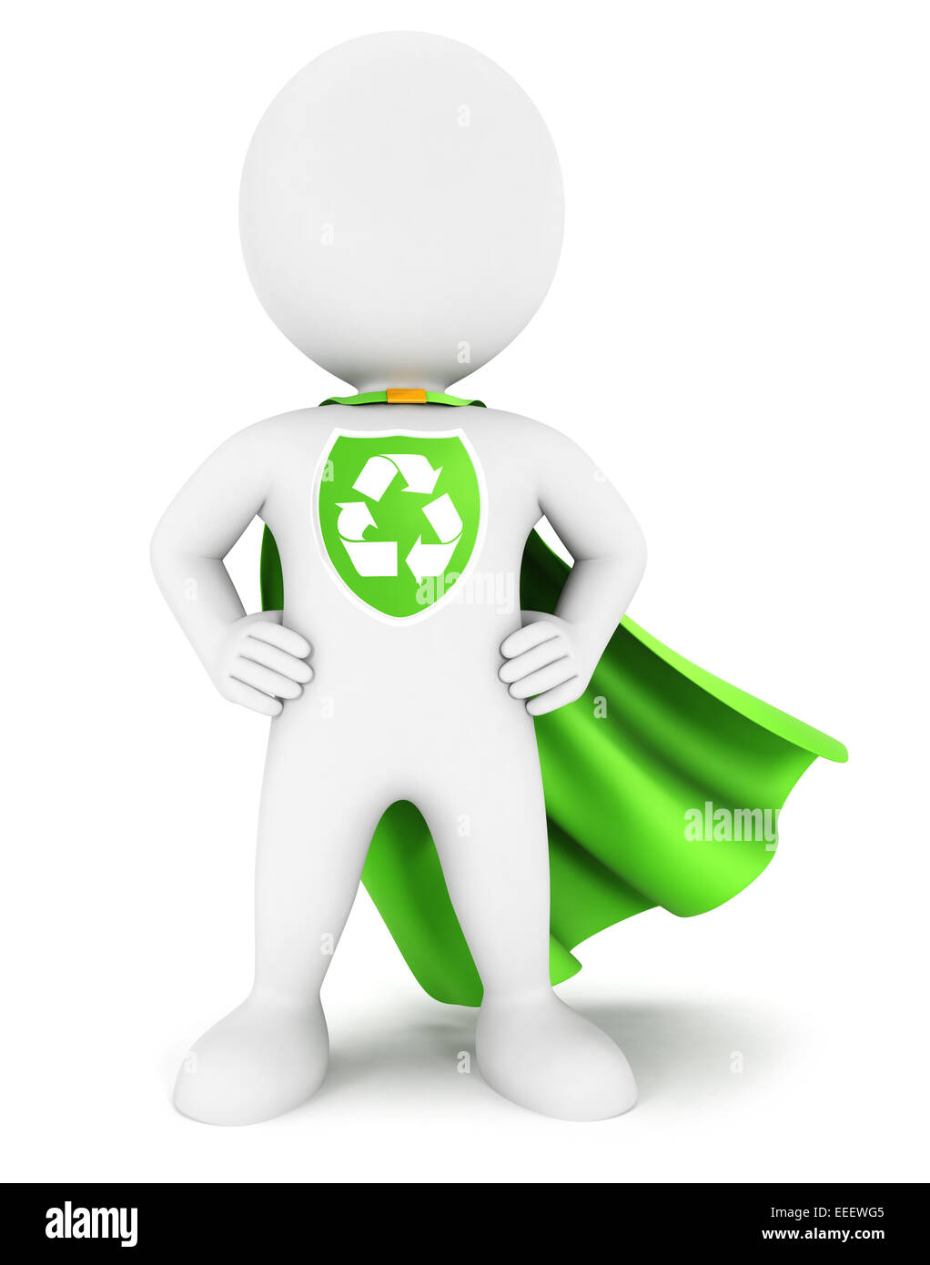 3d white people ecological superhero with recycle sign, isolated white background, 3d image Stock Photo