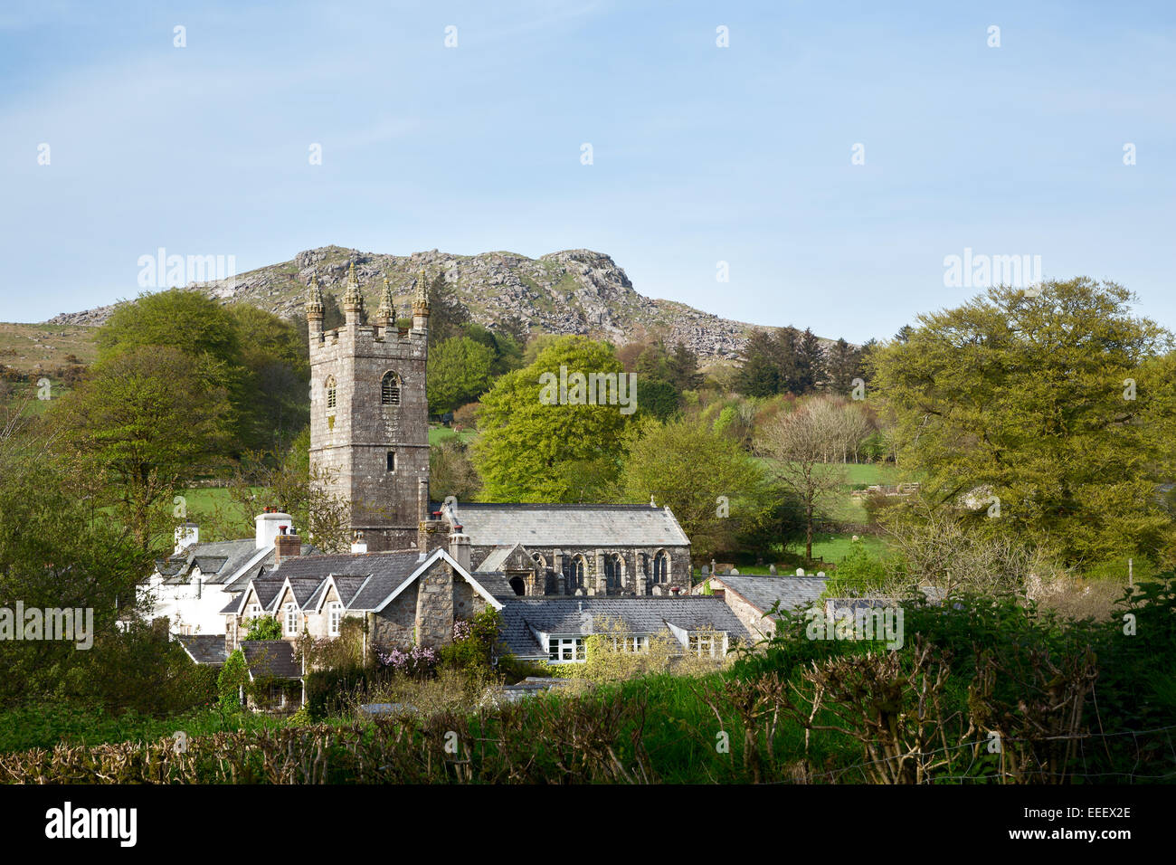 Sheeps Tor church and village with Sheepstor behind, Dartmoor National Park Devon Uk Stock Photo