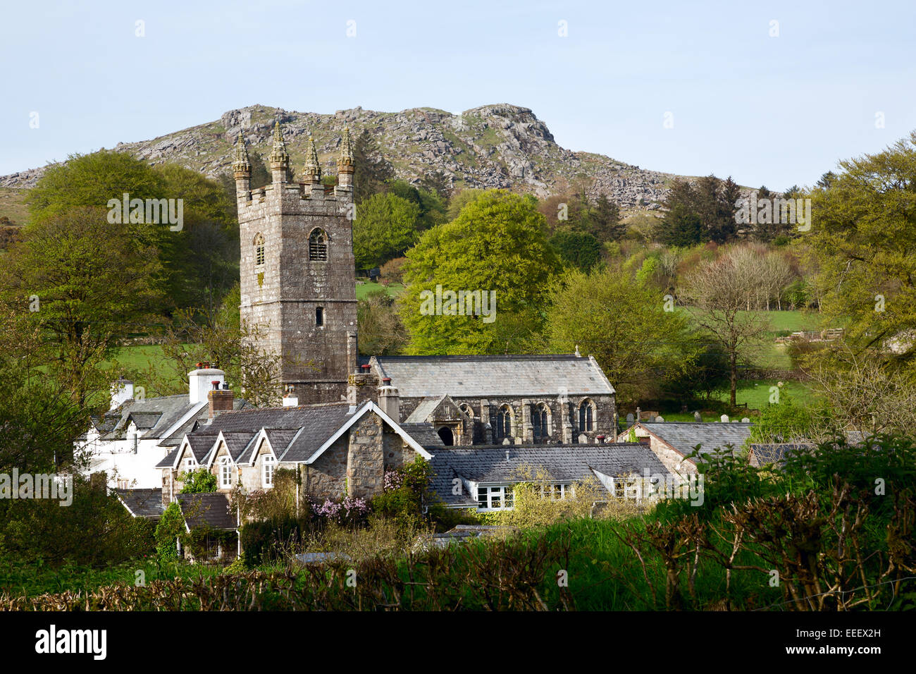 Sheeps Tor church and village with Sheepstor behind, Dartmoor National Park Devon Uk Stock Photo