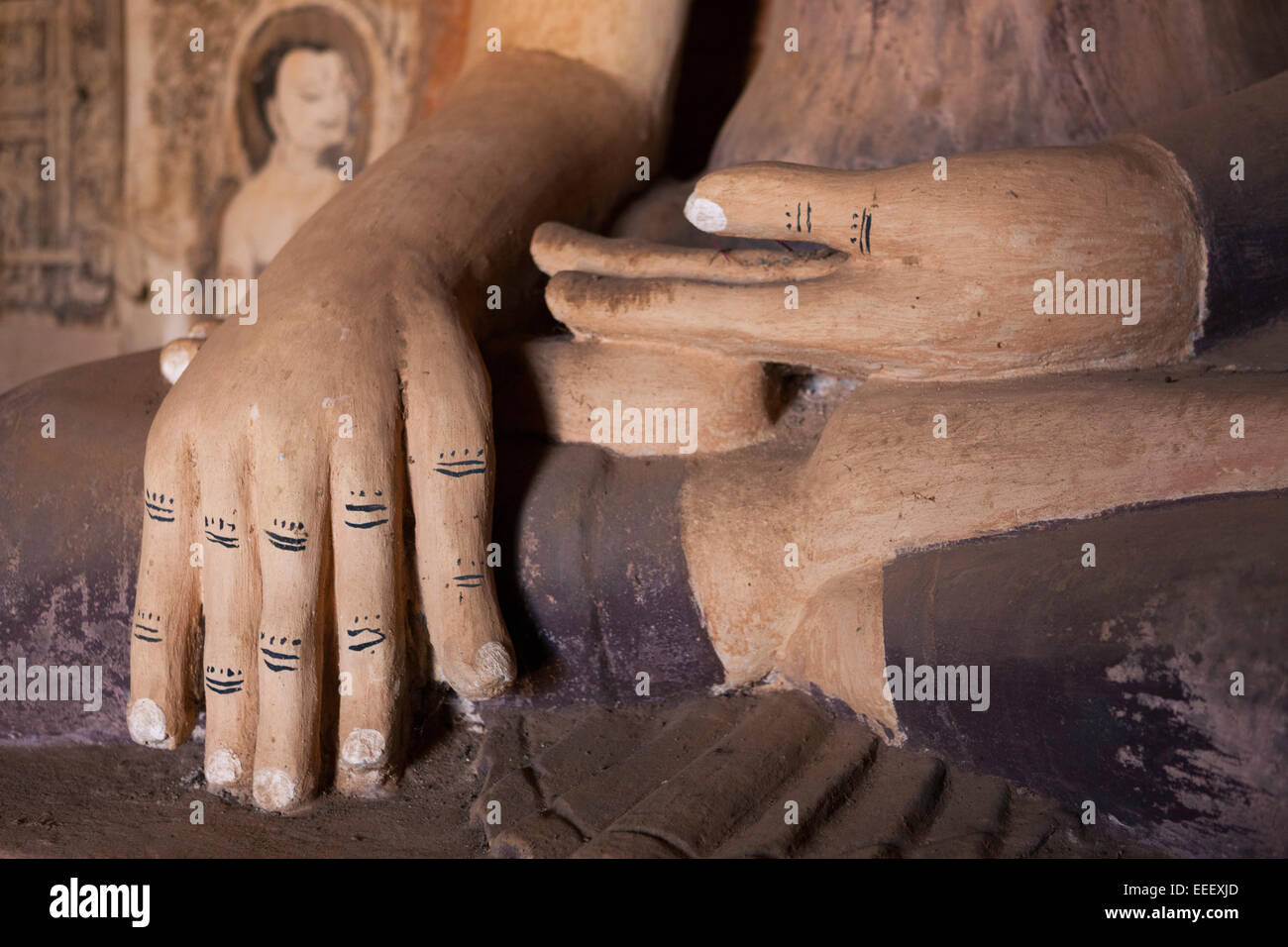 Detail of Buddha's hands, statue inside Kay Min Gha pagoda, Bagan, Myanmar (Burma) Stock Photo