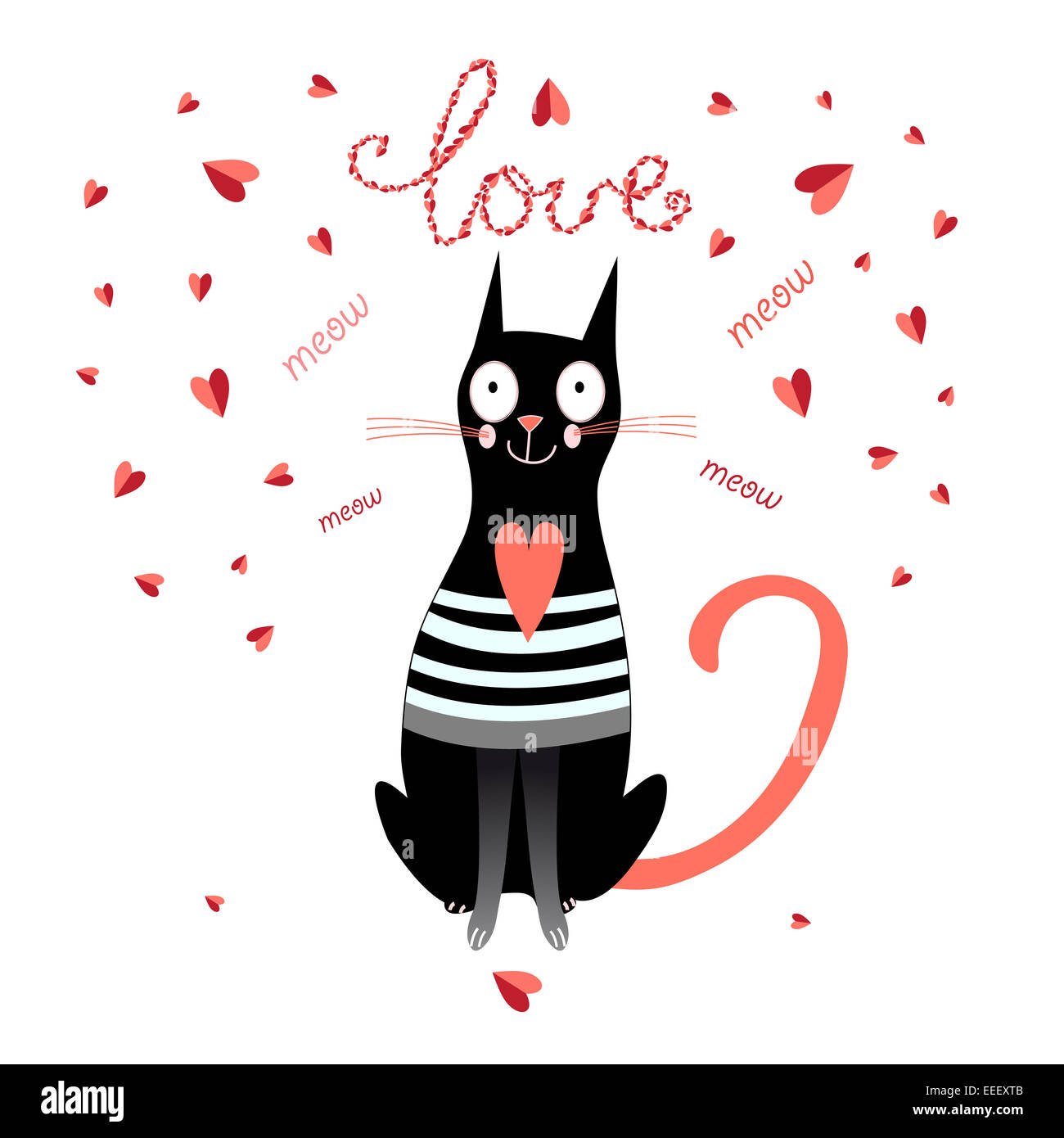graphic in love funny cat on a white background with hearts Stock Photo