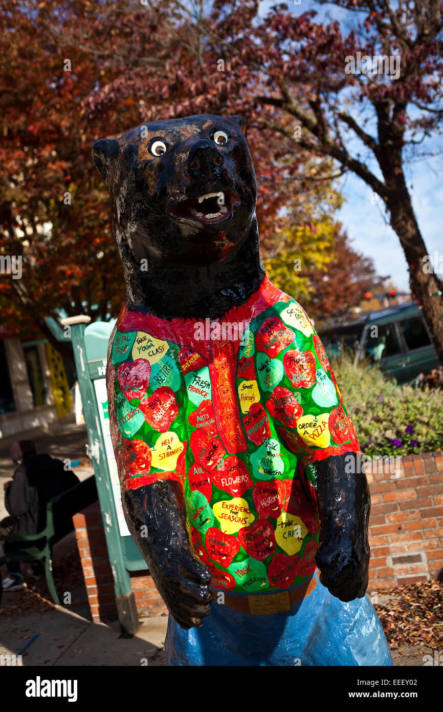 Decorated bear statue among the quaint boutiques and shops in historic