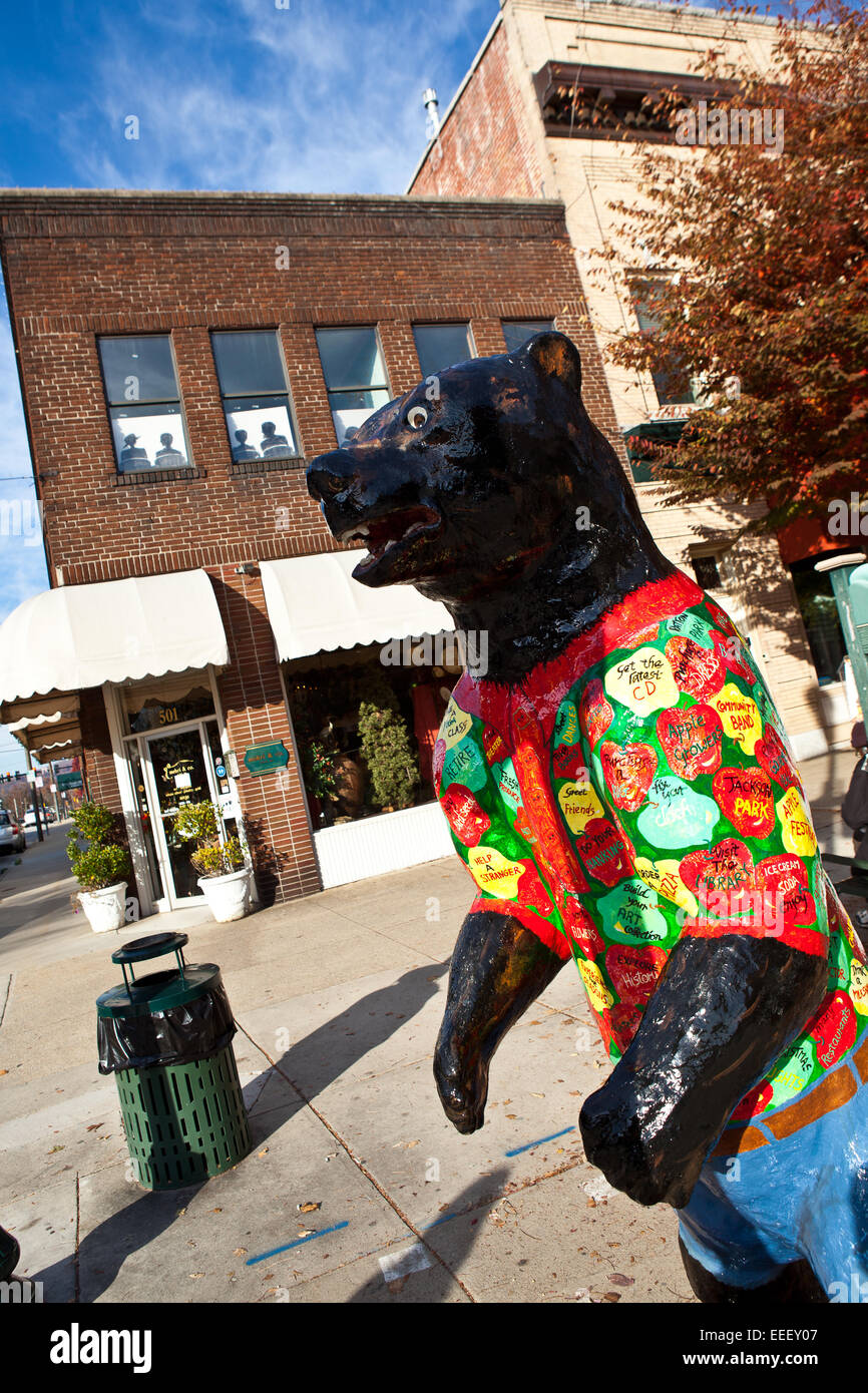 Decorated bear statue among the quaint boutiques and shops in historic