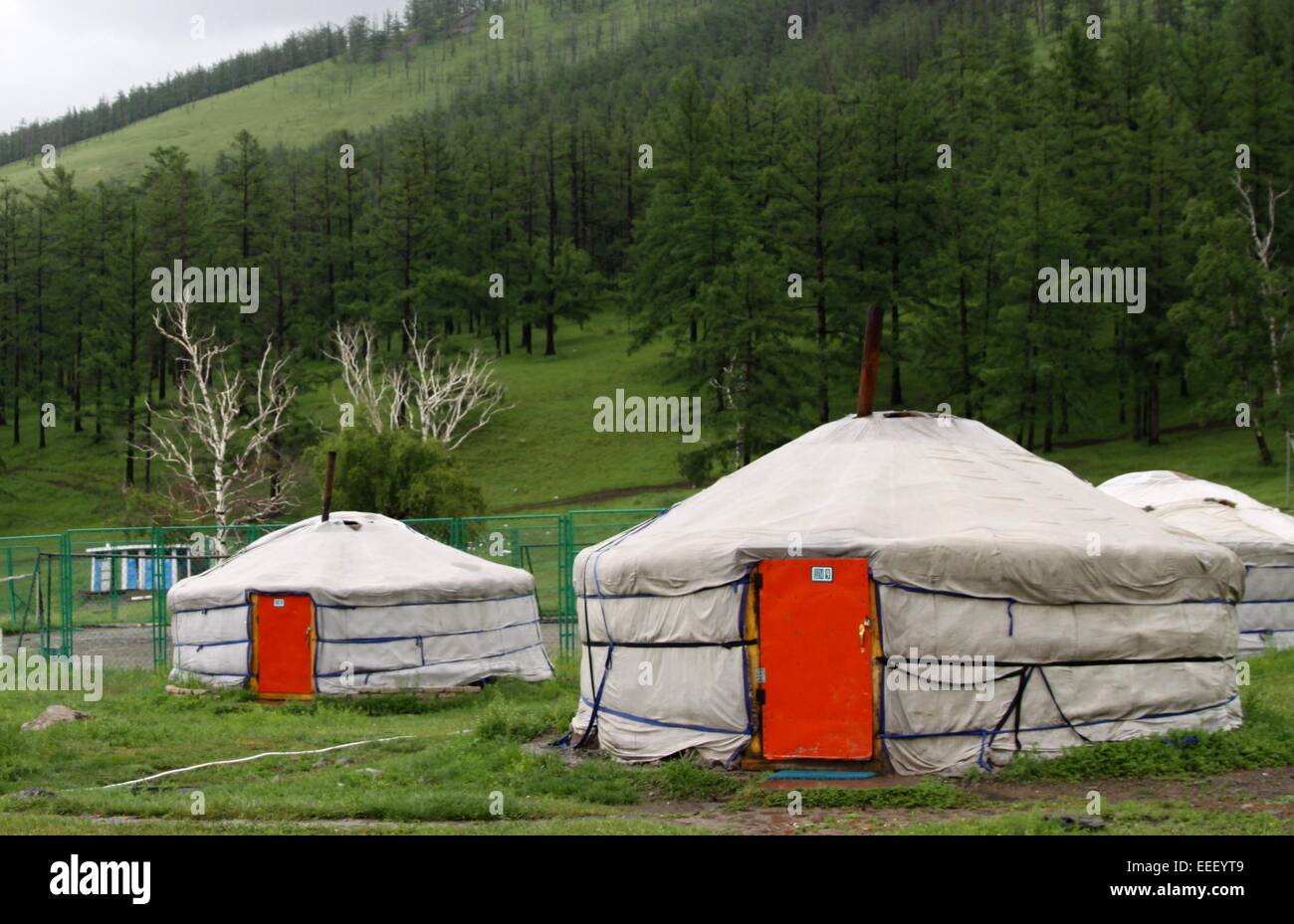 Mongolian Yurts near capital town Ullanbaator in Mongolia Stock Photo