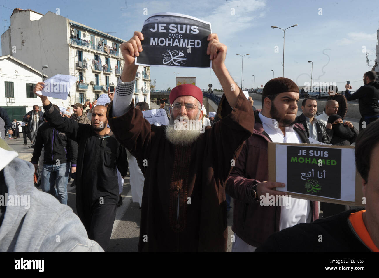 Algiers. 16th Jan, 2015. Algerian people protest against sarcastic cartoons on the Prophet of Islam Muhammad, which have been published in the latest edition of French weekly Charlie Hebdo, in the capital city of Algiers, Algeria, Jan. 16, 2015. Credit:  Xinhua/Alamy Live News Stock Photo