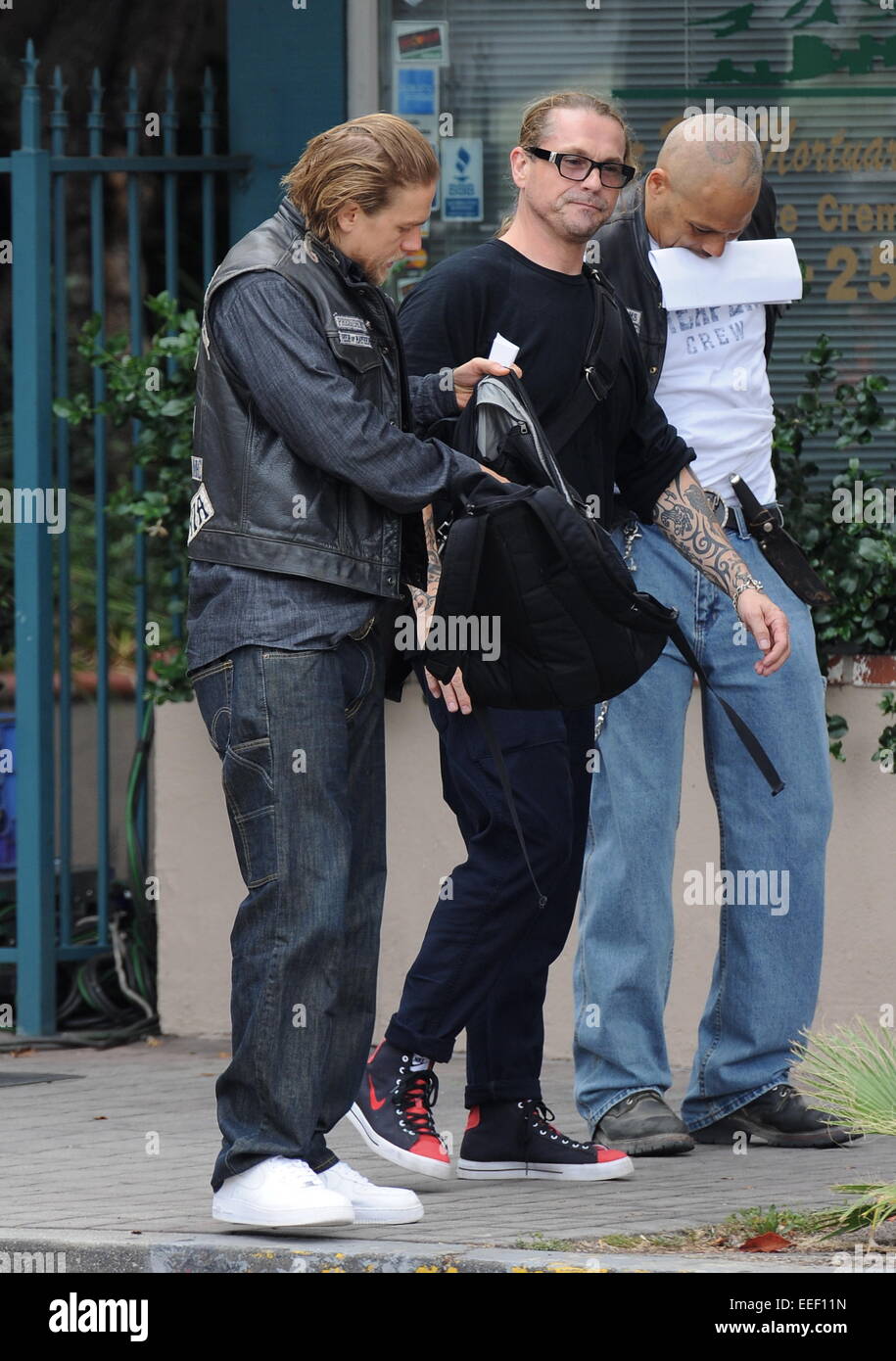 Actor Charlie Hunnam goes through his lines before filming a new episode of  the hit tv show Sons Of Anarchy filming in Los Angeles. Charlie was also  seen with producer Kurt Sutter.