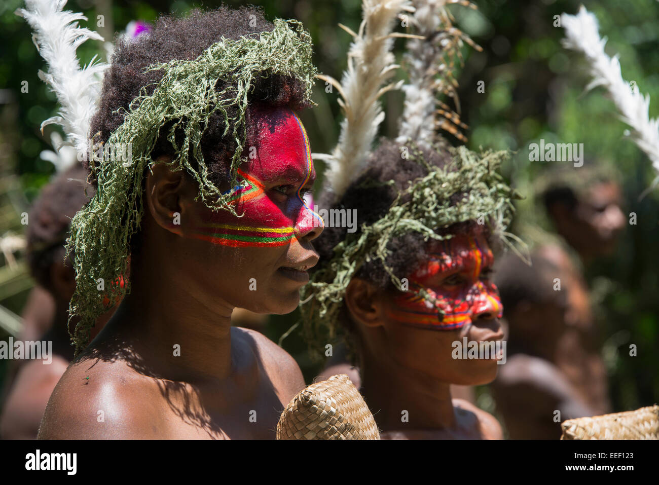 Melanesia, Vanuatu, Tanna Island. Traditional welcome ceremony, villagers with brightly painted faces. Stock Photo