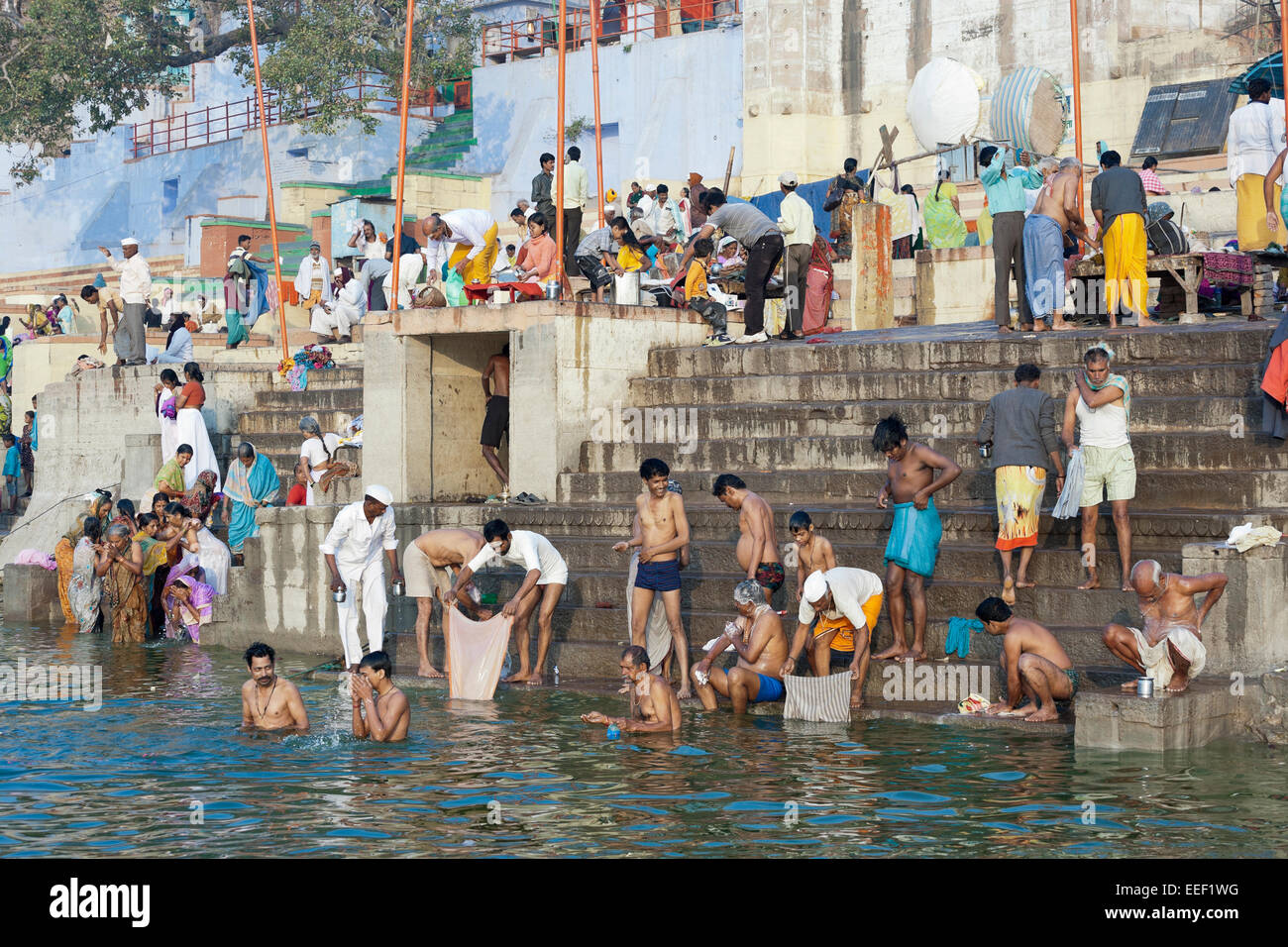 Varanasi, India. Hindus bathing and praying in the Ganges river Stock Photo