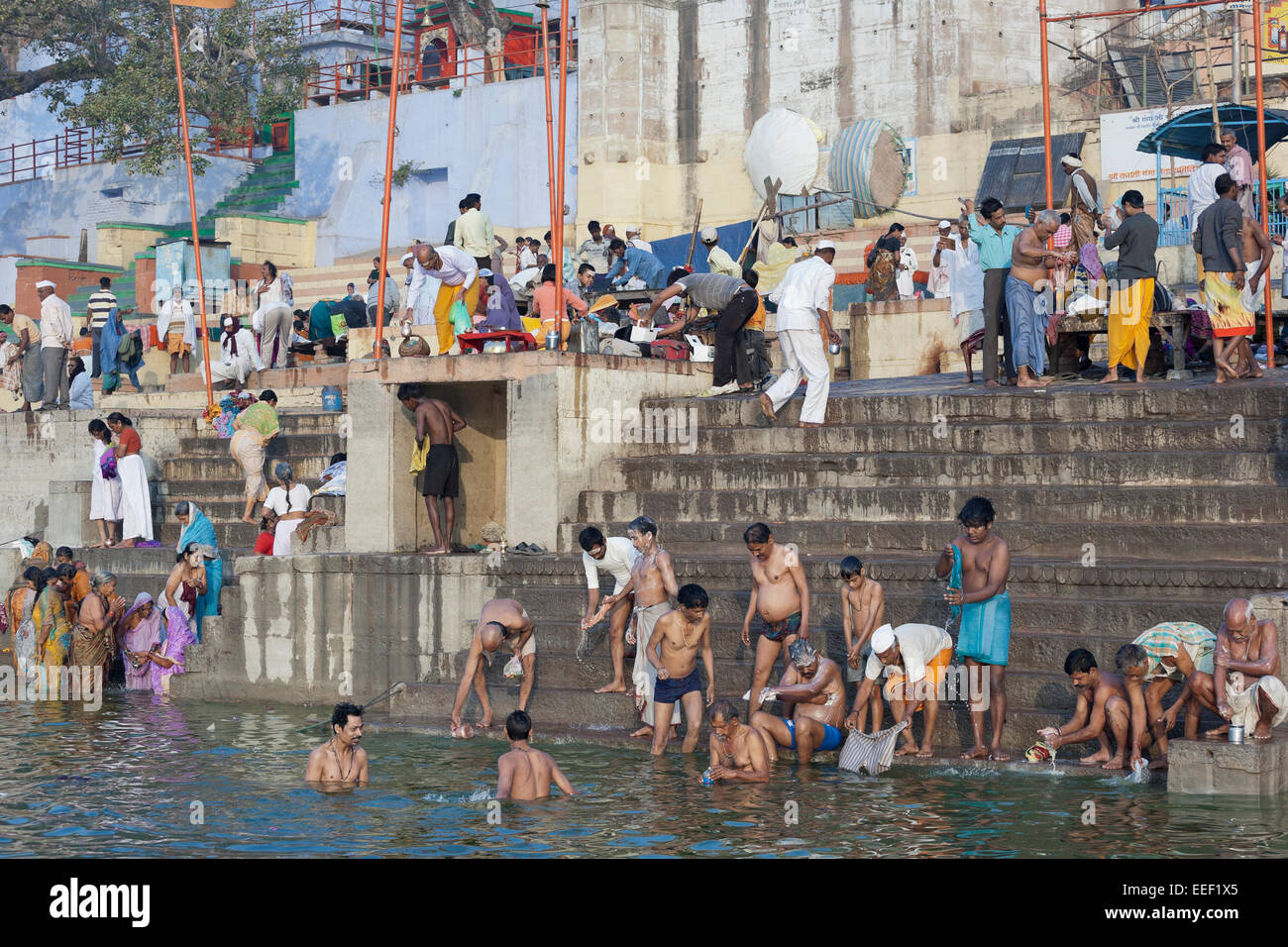 Varanasi, India. Hindus bathing and praying in the Ganges river Stock Photo