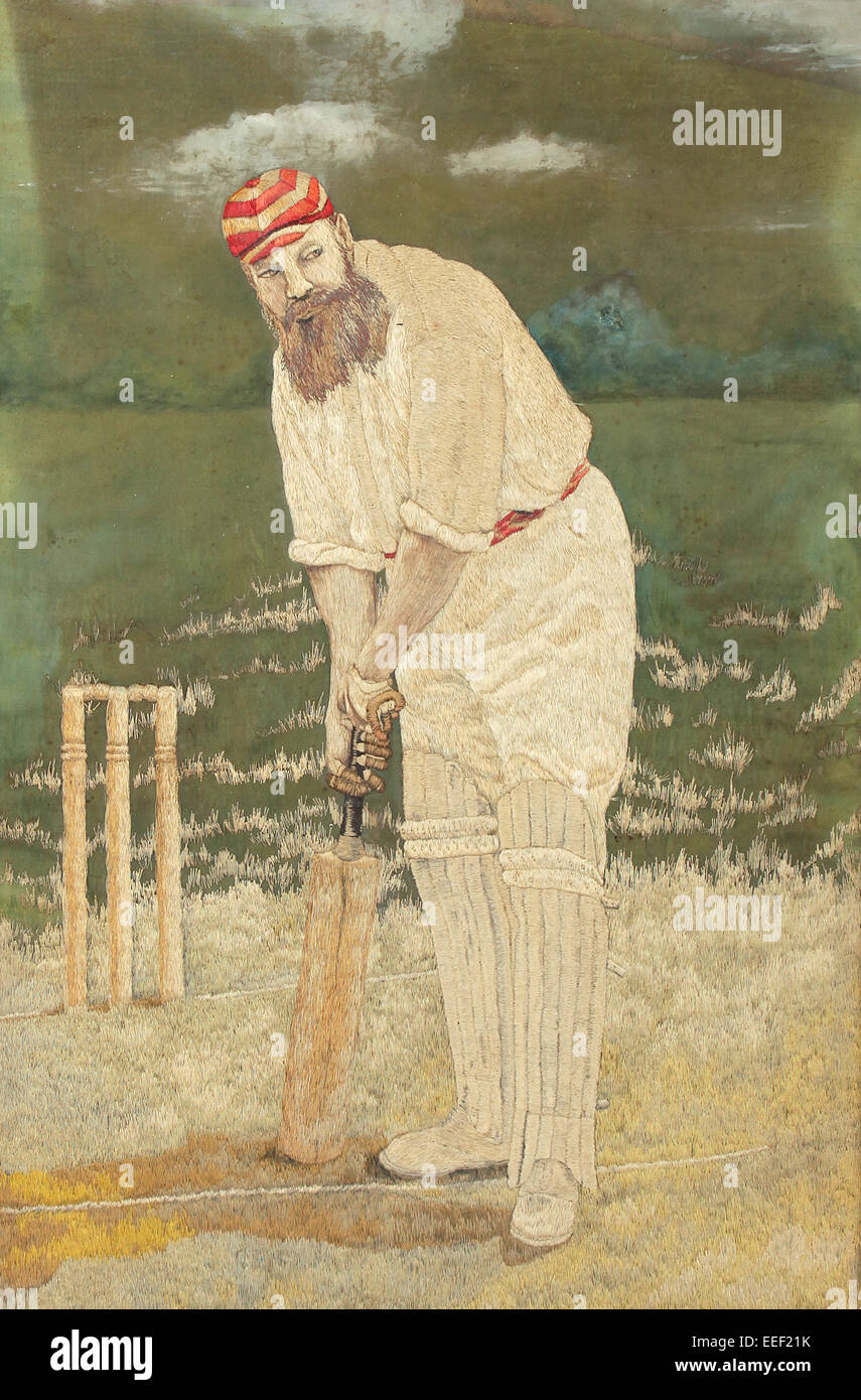 painting of Dr W.G Grace holden cricket bat in front of wickets Stock Photo