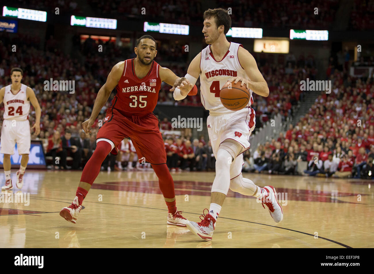 January 15, 2015: Wisconsin Badgers forward Frank Kaminsky #44 dribbles while being guarded by Nebraska Cornhuskers forward Walter Pitchford #35 during the NCAA Basketball game between the Wisconsin Badgers and Nebraska Cornhuskers at the Kohl Center in Madison, WI. Wisconsin defeated Nebraska 70-55. John Fisher/CSM Stock Photo