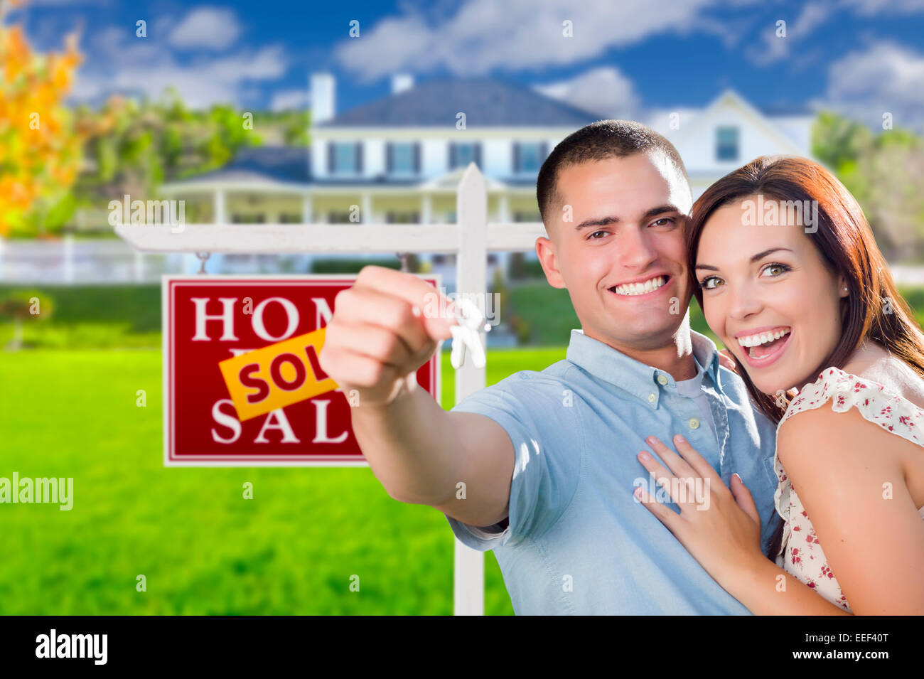 Mixed Race Excited Military Couple In Front of New Home with New House ...
