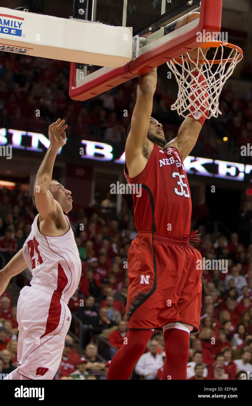 January 15, 2015: Nebraska Cornhuskers forward Walter Pitchford #35 scores on a dunk during the NCAA Basketball game between the Wisconsin Badgers and Nebraska Cornhuskers at the Kohl Center in Madison, WI. Wisconsin defeated Nebraska 70-55. John Fisher/CSM Stock Photo