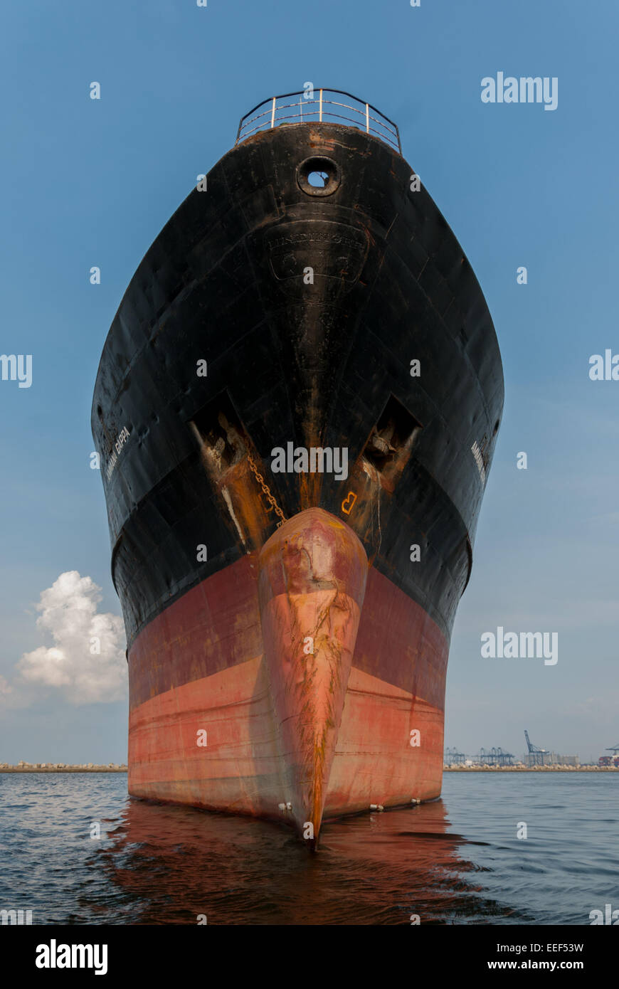 Front side of general cargo ship Amanna Gappa is photographed on the turning basin of Port of Jakarta in Tanjung Priok, Jakarta, Indonesia. Stock Photo