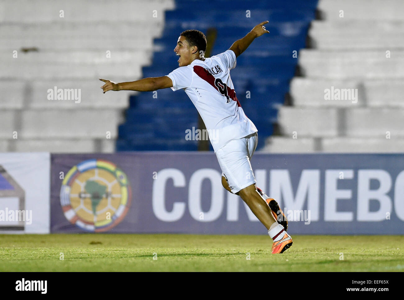 Colonia, Uruguay. 16th Jan, 2015. Player Alexander Succar of Peru celebrates his goal during the match of the South american U20 tournament against Ecuador, held in the Alberto Supici Stadium, in Colonia, 200km away of Montevideo, capital of Uruguay, on Jan. 16, 2015. Credit:  Nicolas Celaya/Xinhua/Alamy Live News Stock Photo