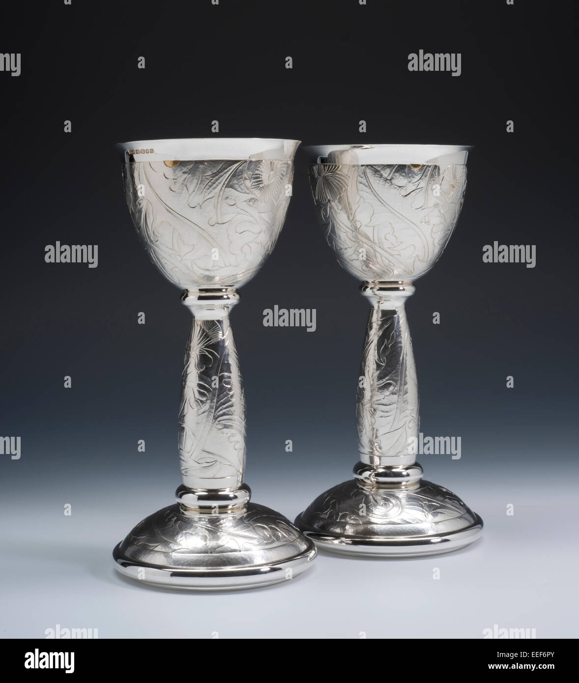 Two silver goblets or chalices with gilded inside cup. Stock Photo