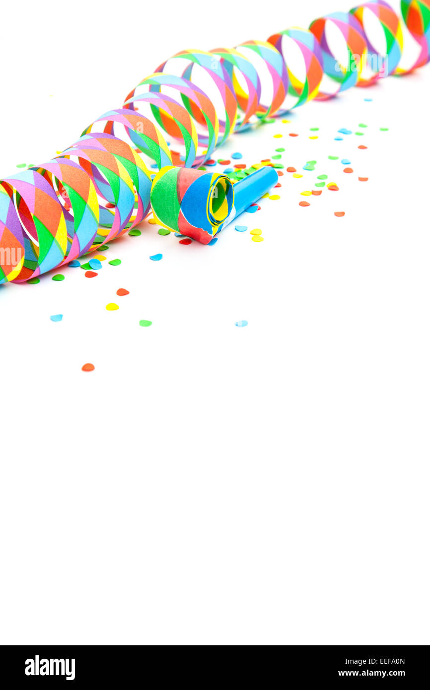 Party streamer and confetti on white background Stock Photo - Alamy