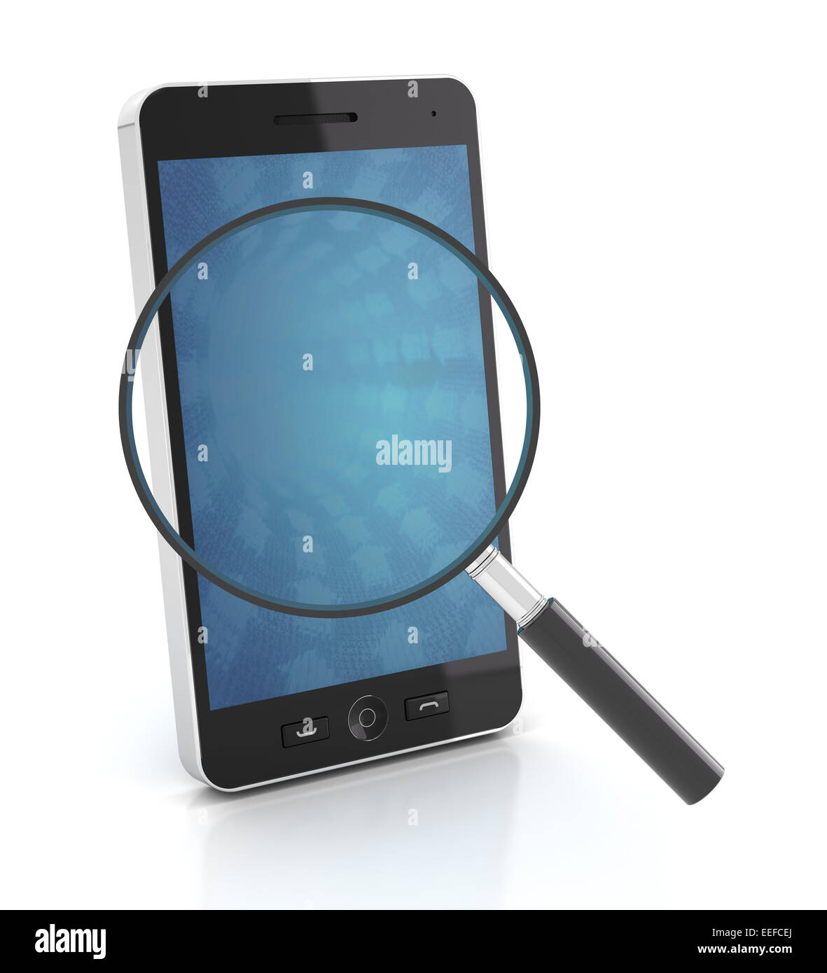 Smartphone with magnifying glass, 3d render Stock Photo
