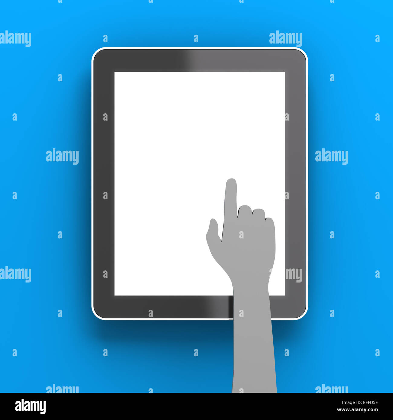 Paper hand clicking a digital tablet with copyspace, 3d render Stock Photo