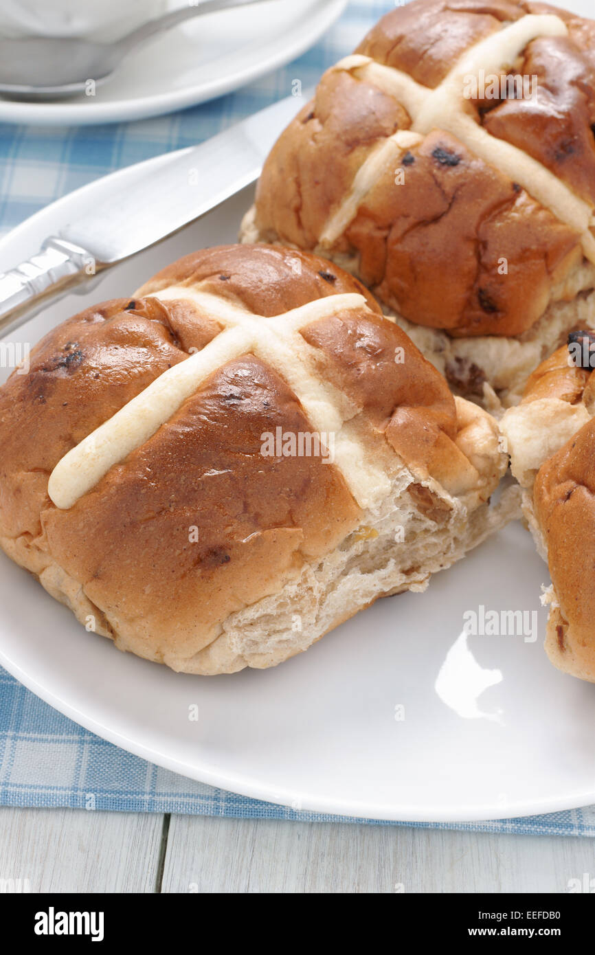 Hot Cross Buns traditionally eaten hot or toasted during Lent Stock