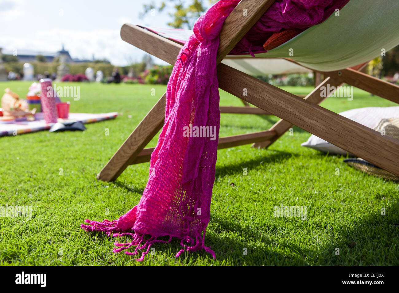 Picnic with deckchairs and rug Stock Photo