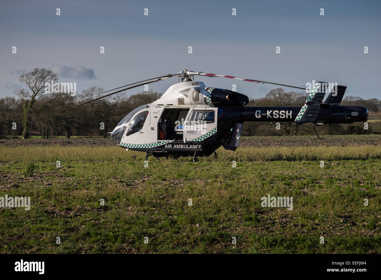 essex air ambulance landed in a field bicknacre Stock Photo