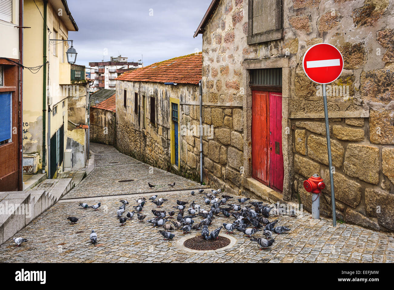 Vila Nova de Gaia, Portugal alley scene with pigeons. Stock Photo