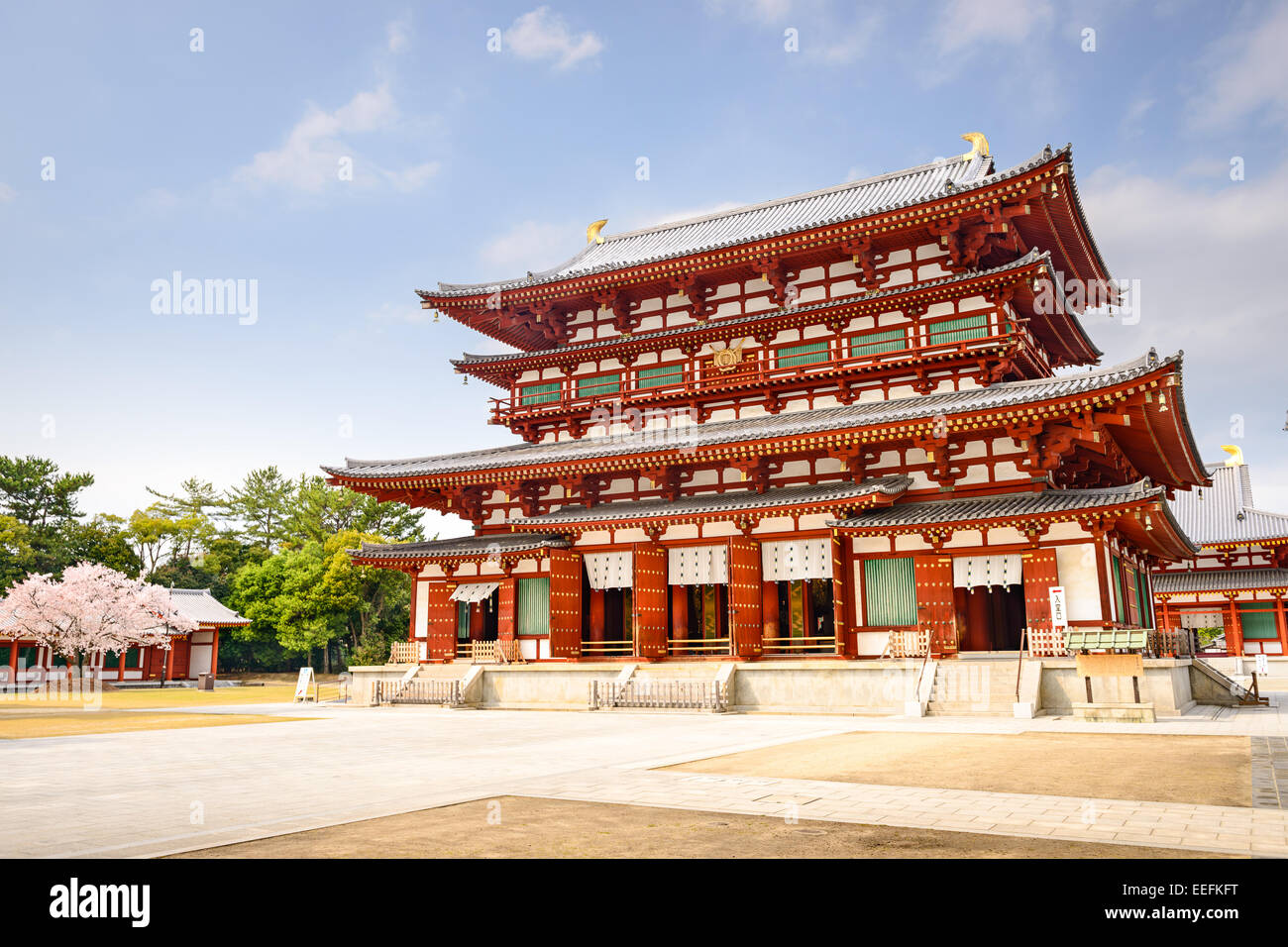 Nara, Japan at the Golden Hall of Yakushi-ji Temple with a hint of spring cherry blossoms. Stock Photo