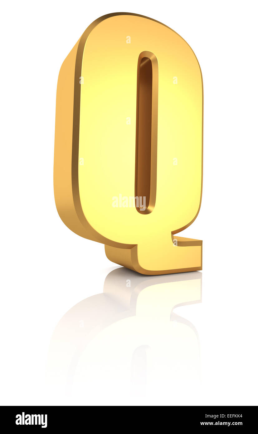 Q letter. Gold metal letter on reflective floor. White background. 3d render Stock Photo