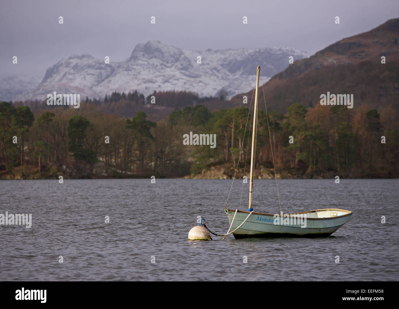 Sailing dinghy on mooring buoy, Lake Windermere, Lake District National