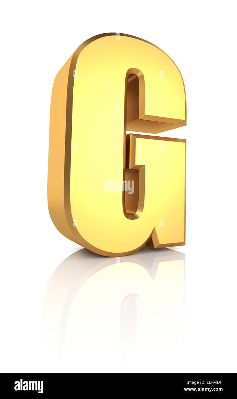 G letter. Gold metal letter on reflective floor. White background. 3d render Stock Photo