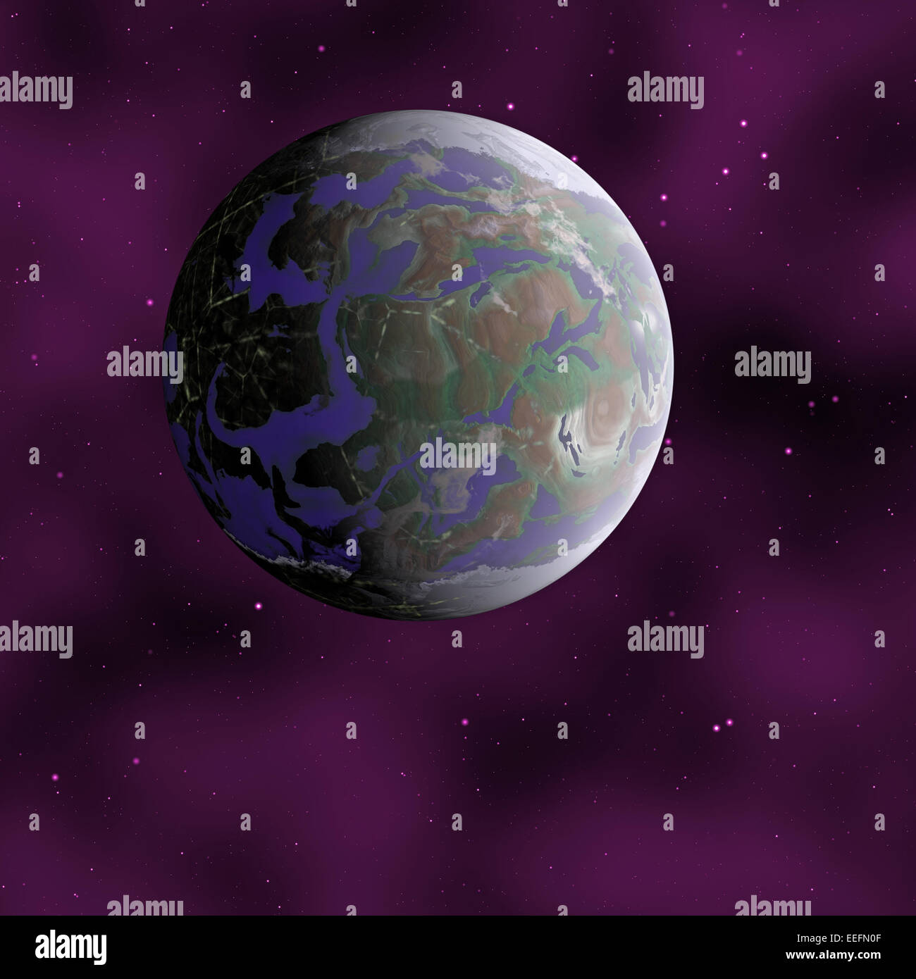 Distant planet with continents and oceans against dark space Stock Photo