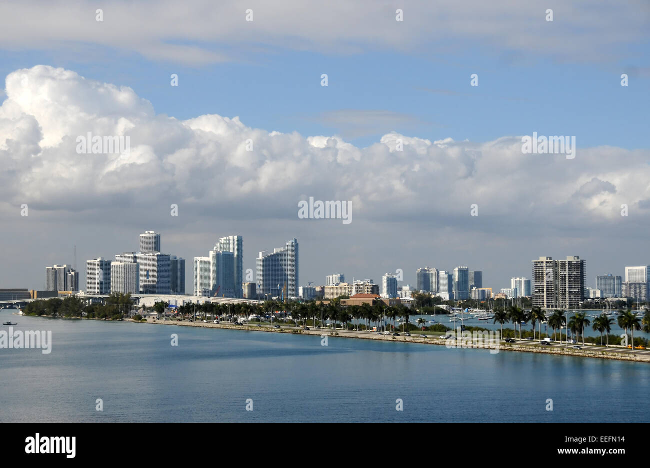 Miami, Florida downtown skyline seen from the East Stock Photo