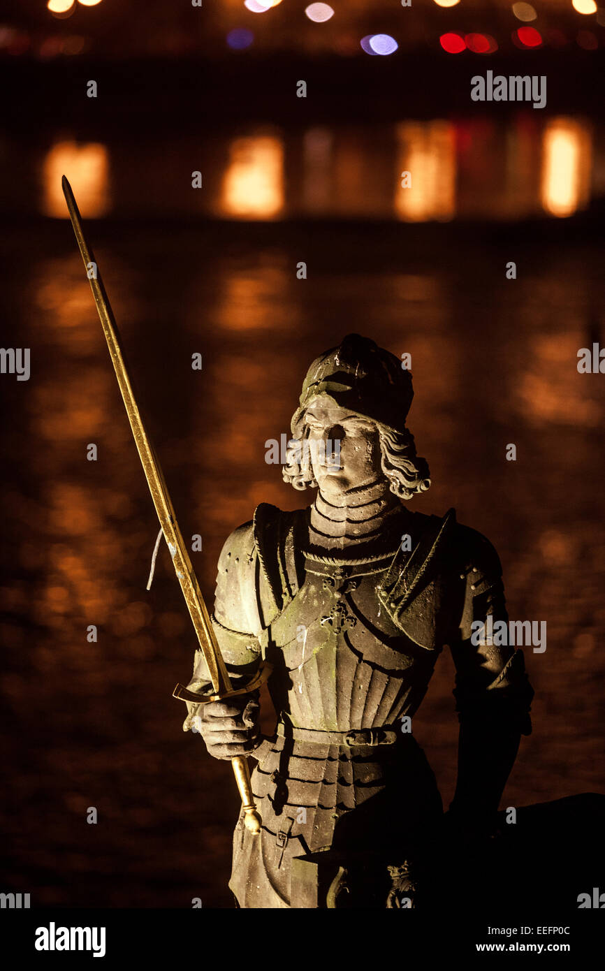 Prague Statue of Bruncvik Knight standing by Charles Bridge Prague at