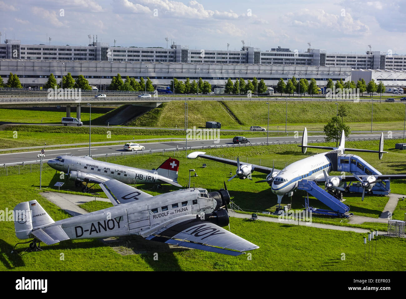 Historische Flugzeuge am Besucherpark Flughafen München II, München, Bayern, Deutschland, Historic aircraft on visitor Park at M Stock Photo