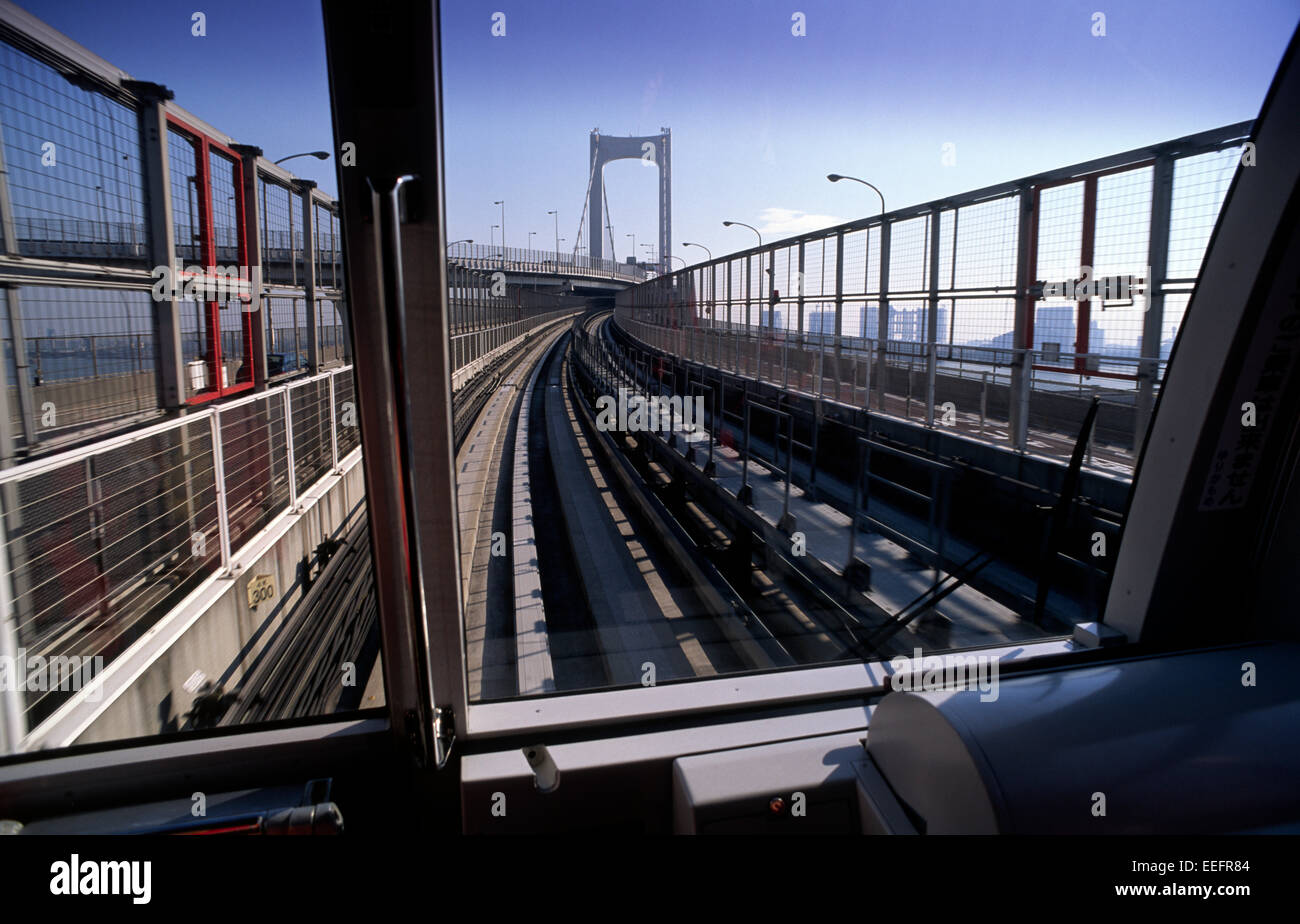 Japan, Tokyo, Odaiba, Yurikamome line (train without driver) crossing ...