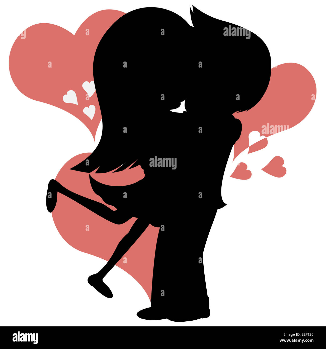 Lovely couple is embracing and kissing in front of red hearts ...