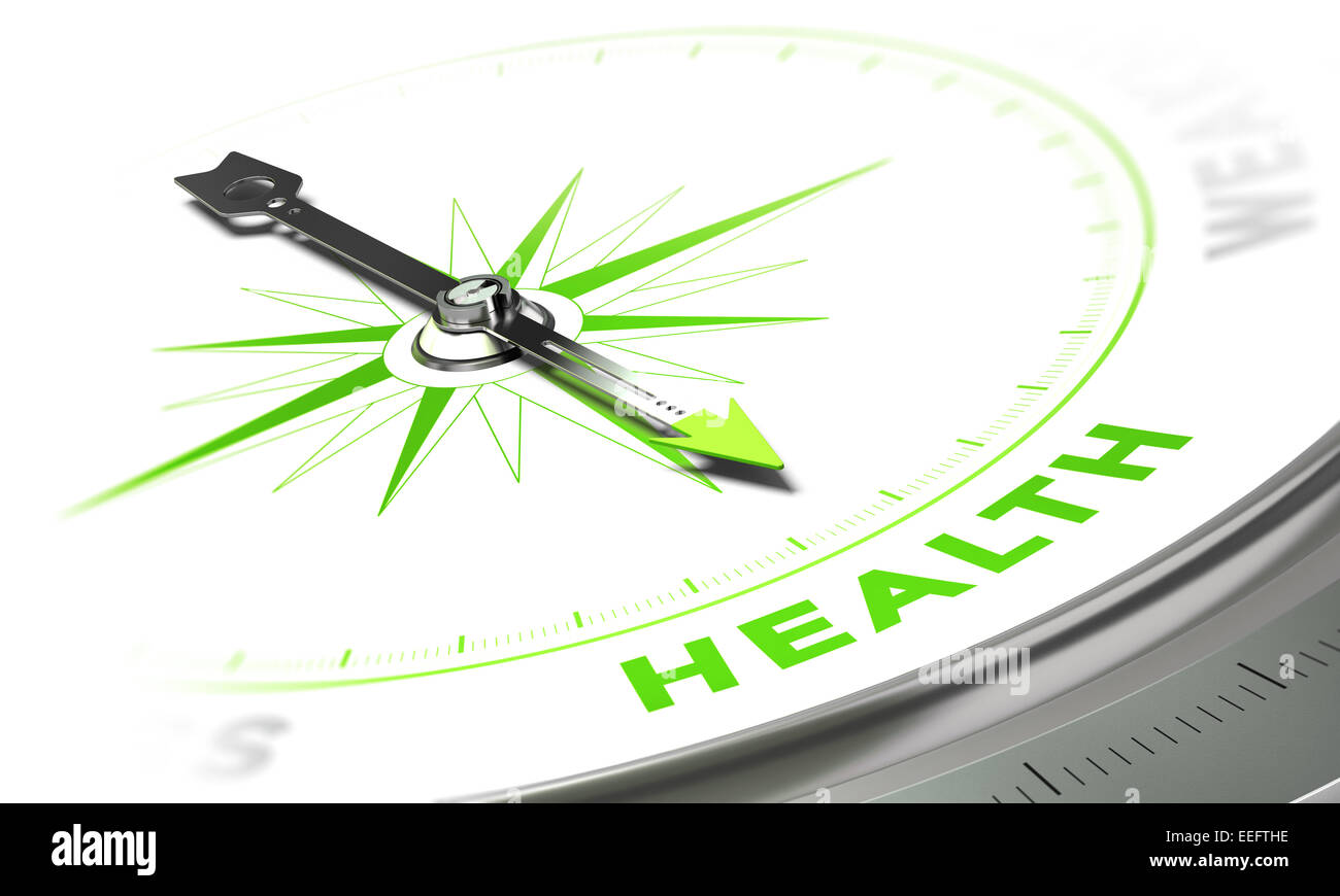 Compass with needle pointing the word health, white and green tones. Background image for illustration of medical concept Stock Photo