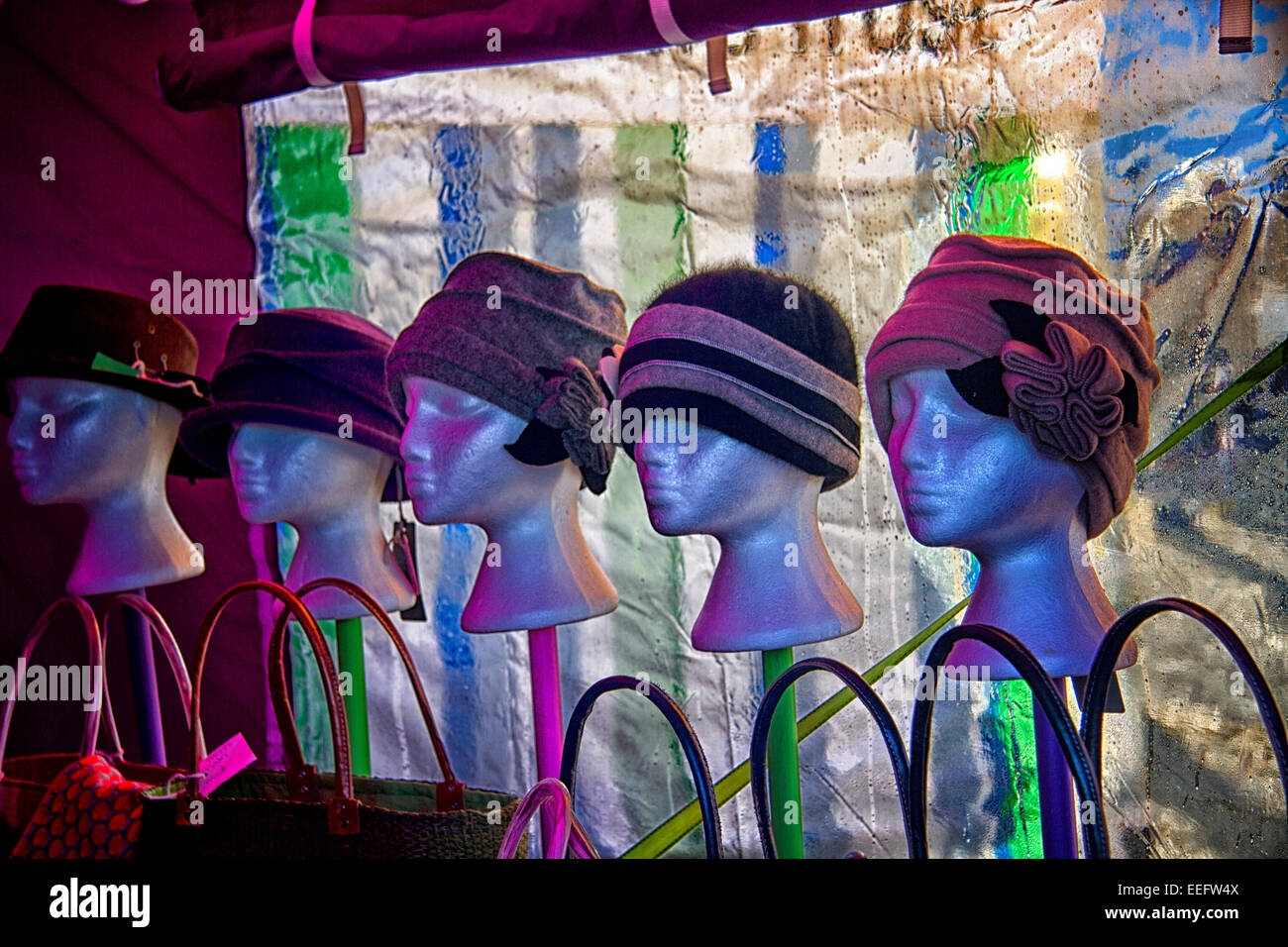 Display of lady's hats on sale, Jimmy's Farm, Ipswich, Suffolk, UK