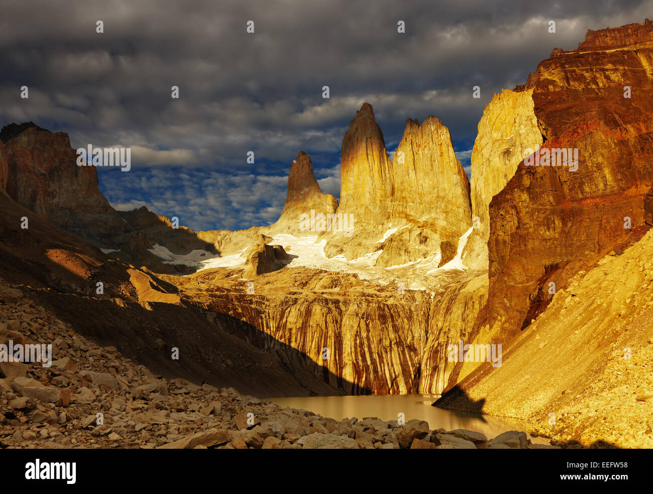 Towers at sunrise, Torres del Paine National Park, Patagonia, Chile Stock Photo