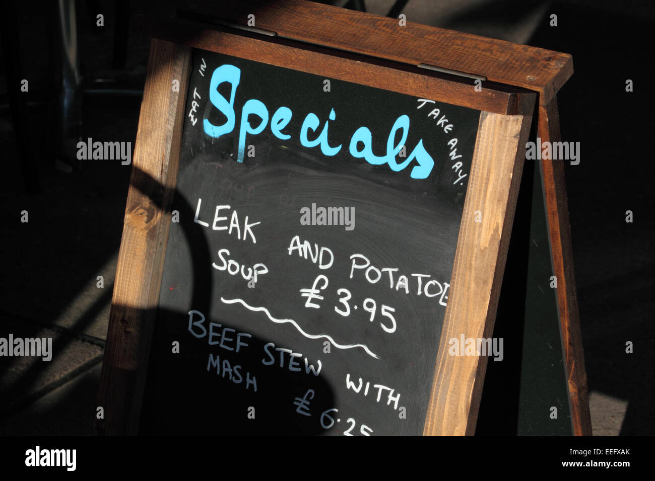 A notice outside a cafe with the word 'leek' misspelt as 'leak' Stock Photo