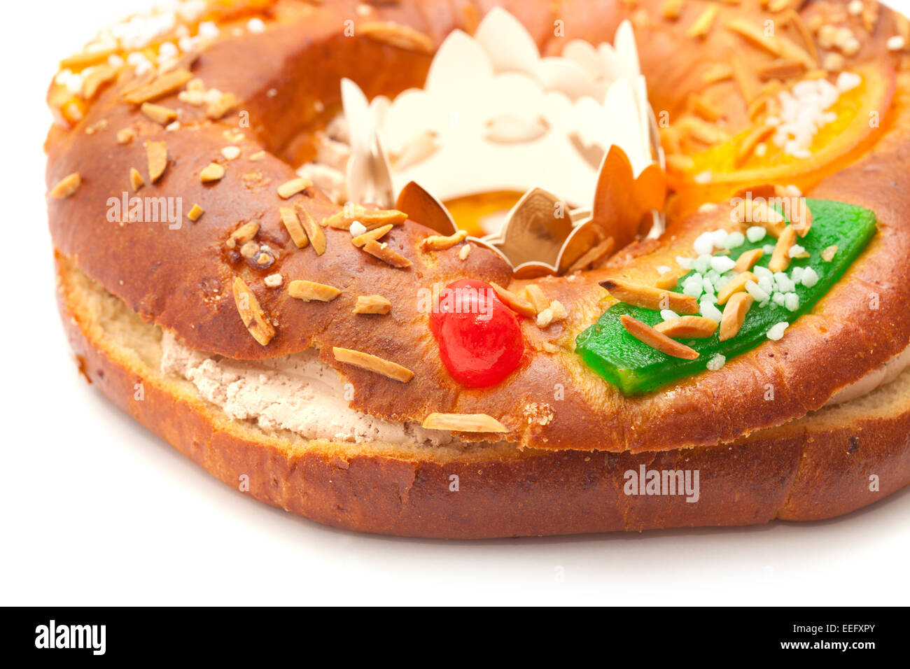 Traditional ringshaped cake Roscon del Reyes isolated on white