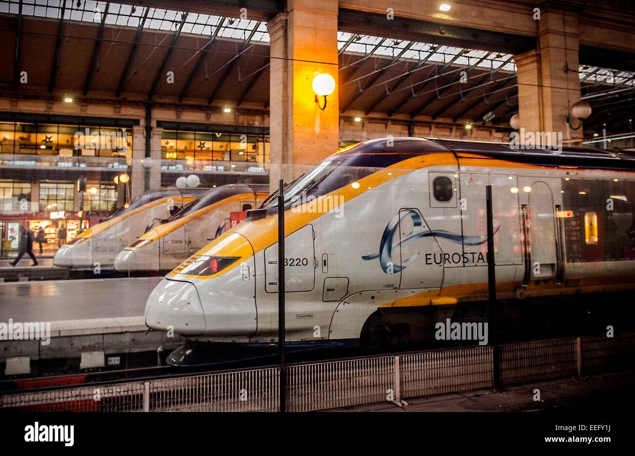 Paris, France. 17th Jan, 2015. A Eurostar train parks at the Gare du Nord train station in Paris, France, Jan. 17, 2015. All services of Eurostar were suspended Saturday due to smoke detection in the Channel Tunnel, Eurostar announced Saturday. All trains were returning to original stations as the Channel Tunnel linking Britain and France was closed until further notice, Eurostar's customer care team said on its Twitter account. Credit:  Chen Xiaowei/Xinhua/Alamy Live News Stock Photo