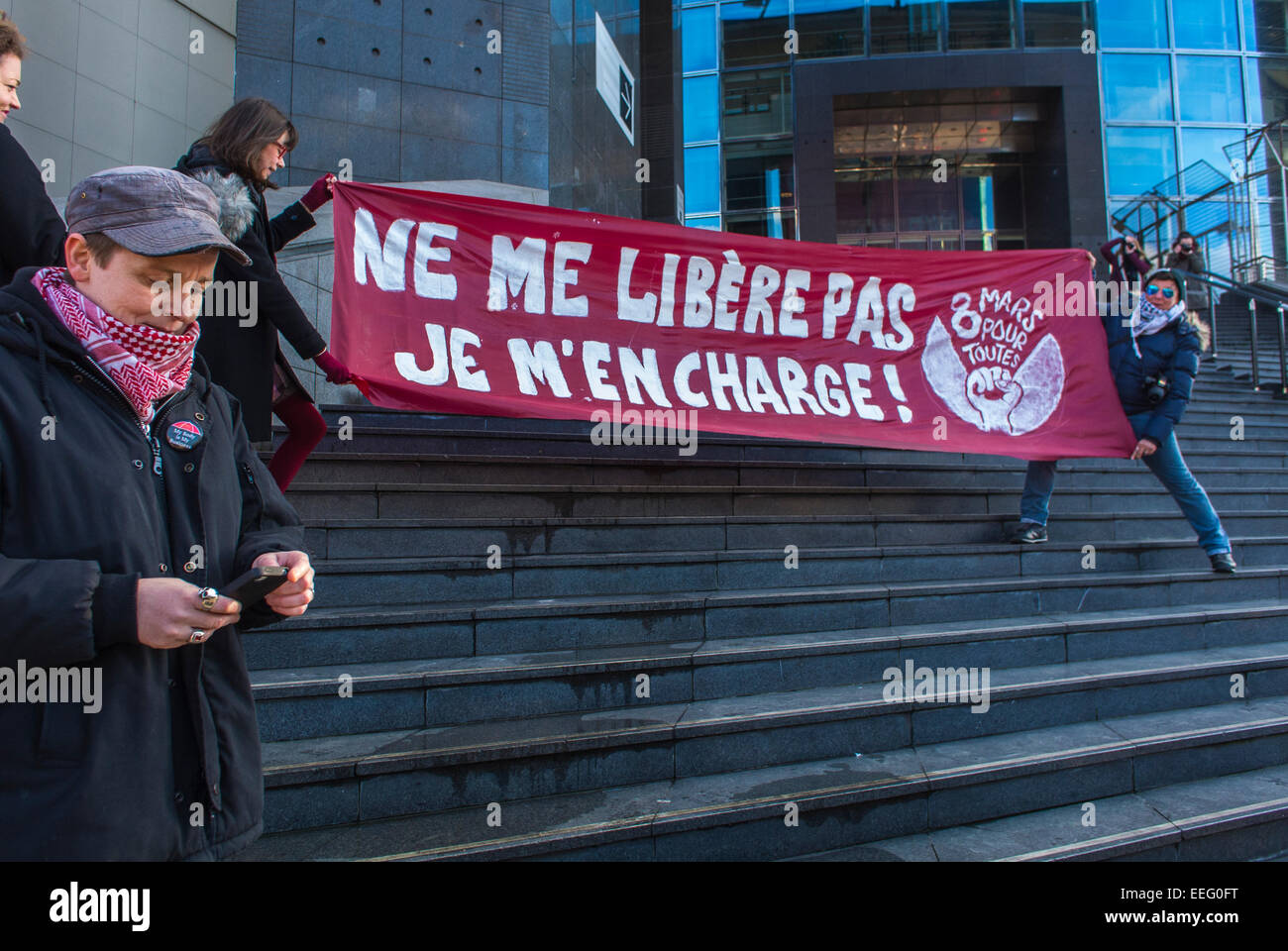Paris, France, French N.G.O.'s Groups, Feminist Demonstration in Honor of 40th Anniversary of Abortion Law Legalization, '8 March' Banner reads: 'Don't Liberate me, I'll do that myself' woman's rights protest, pro choice rally, pro abortion protest Stock Photo