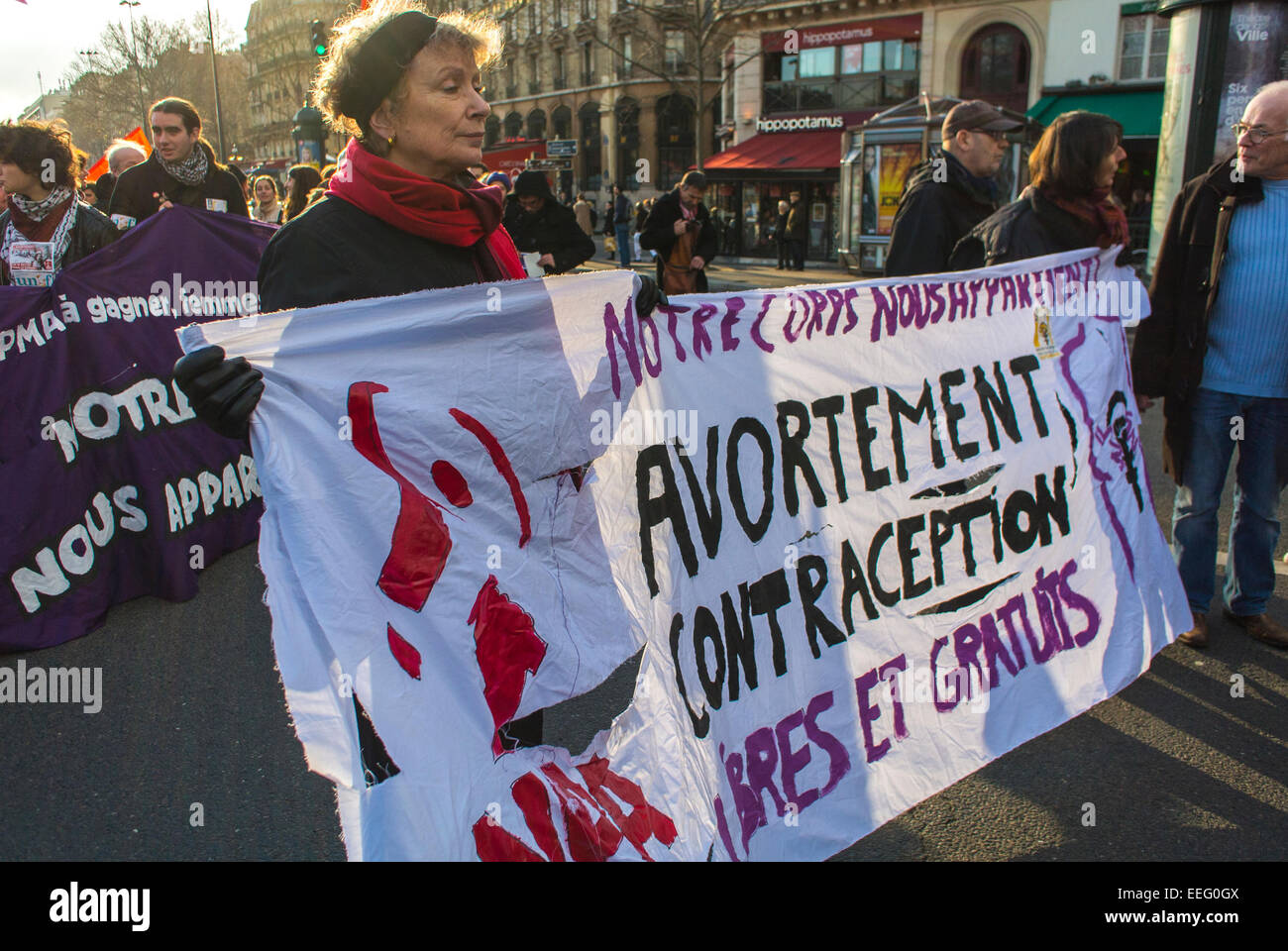 Paris, France, French N.G.O.'s Groups, Feminist Protest Demonstration in Honor of 40th Anniversary of Abortion Law Legalization, Senior Holding Banner, women marching in rally, senior activists group, pro abortion rally Stock Photo