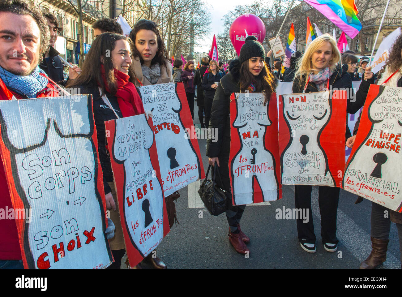 Paris, France, French N.G.O.'s Group, Feminist Demonstration in Honor of  Anniversary of Abortion Law Legalization, Women Rally, Holding Protest Signs 'My Body, My Choice' 'Pro Choice' women's rights movement, women's rights march, pro abortion protests, female empowerment signs Stock Photo