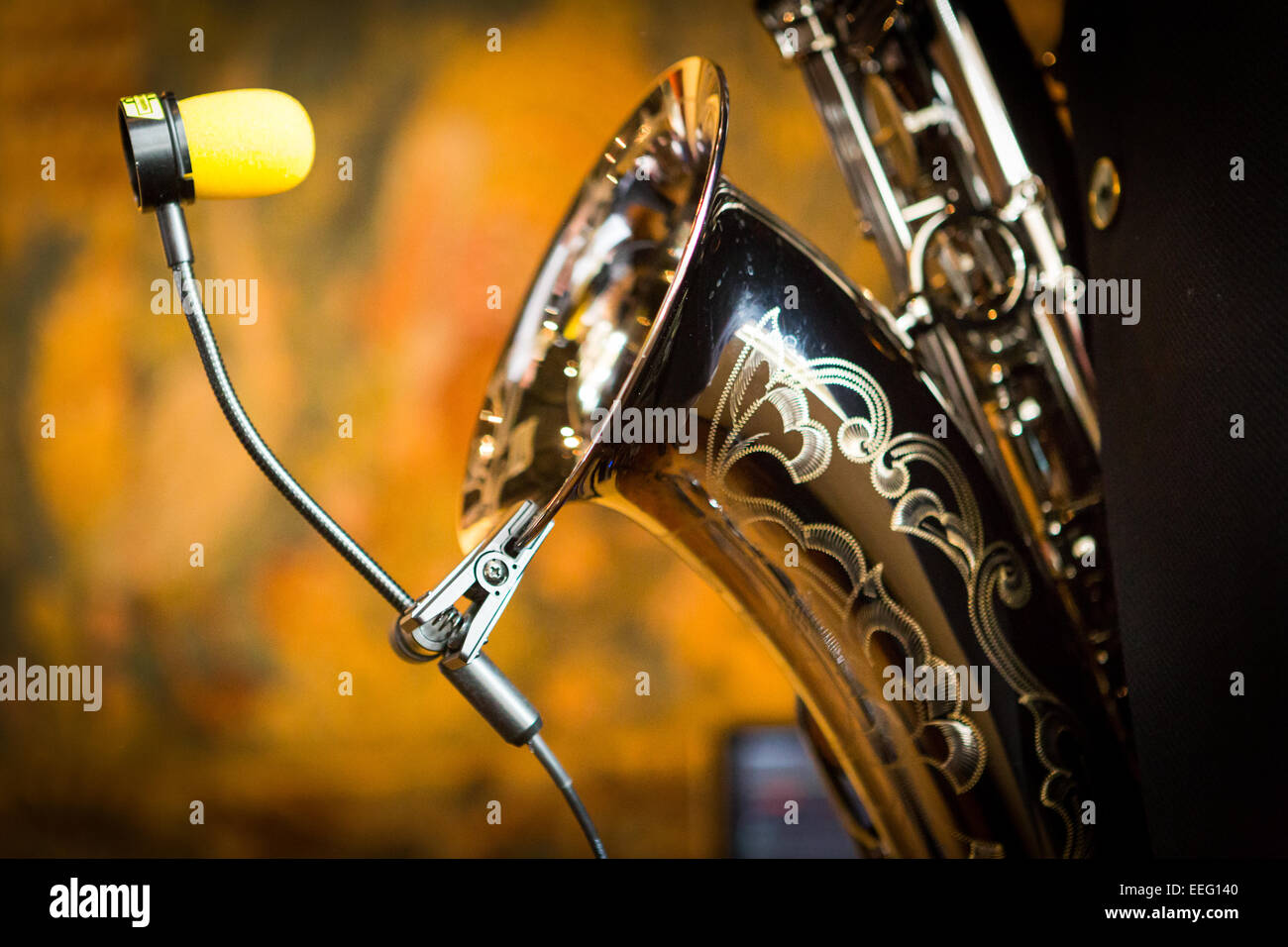 closeup of a Saxophone and microphone Stock Photo