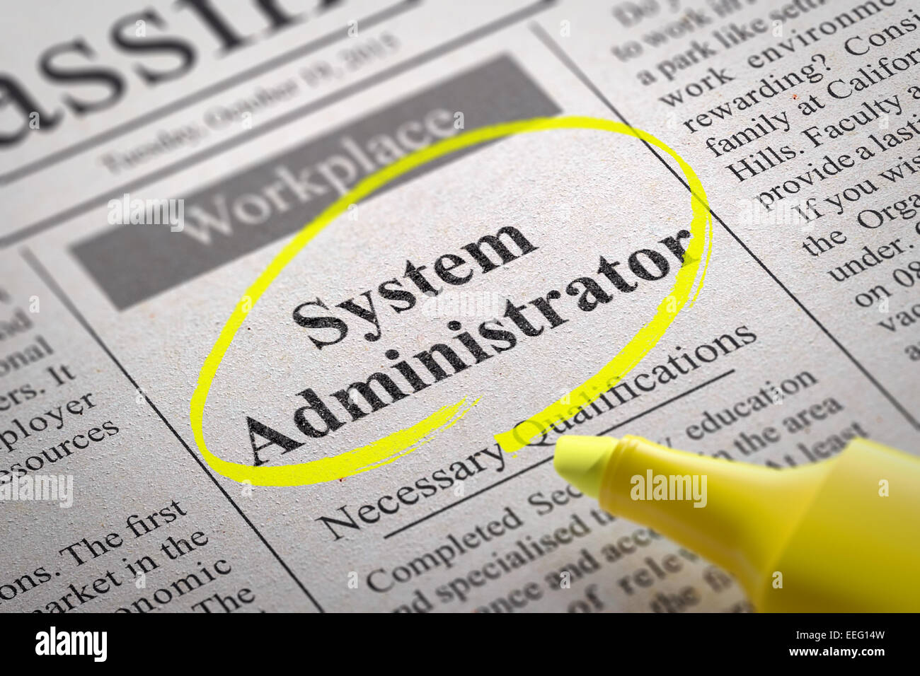 System Administrator Jobs in Newspaper. Stock Photo