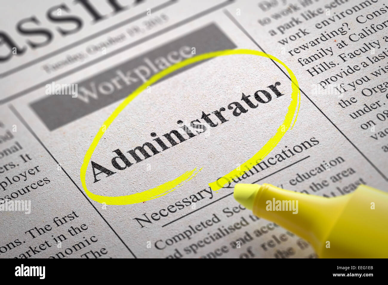 Administrator Jobs in Newspaper. Stock Photo